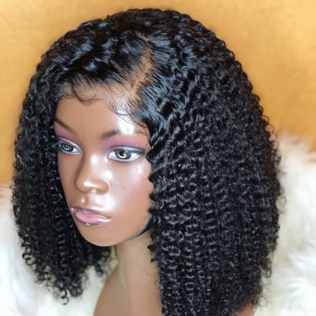 Kinky Curly Bob Lace Front Wig Natural black Color